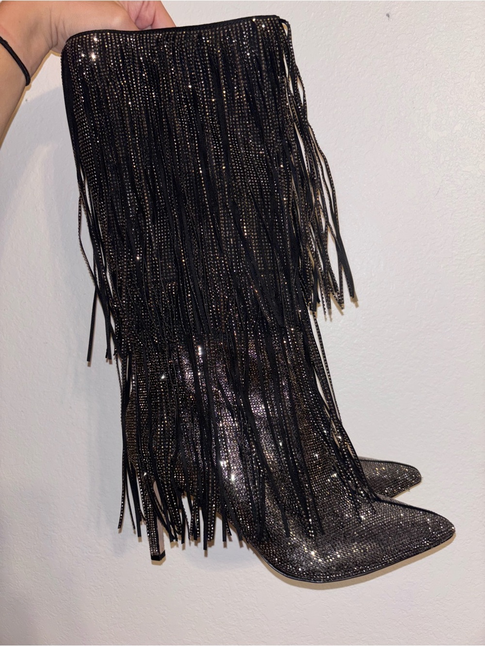 INC International Concepts Black Crystal Fringe Knee-High Heeled Boots